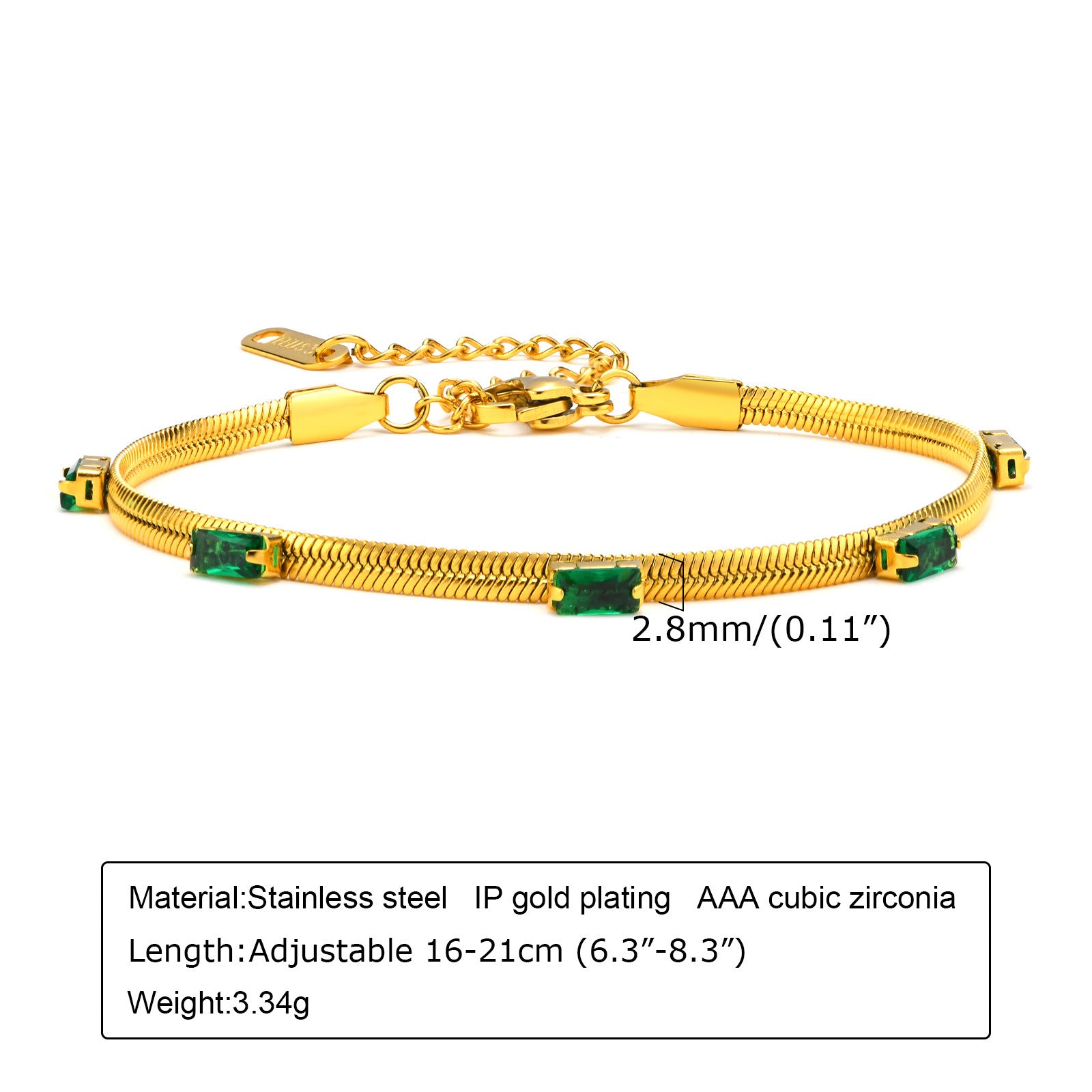 Wholesale Stainless Steel Green Zirconia Corrugated Chain Flat Snake Chain Bracelet