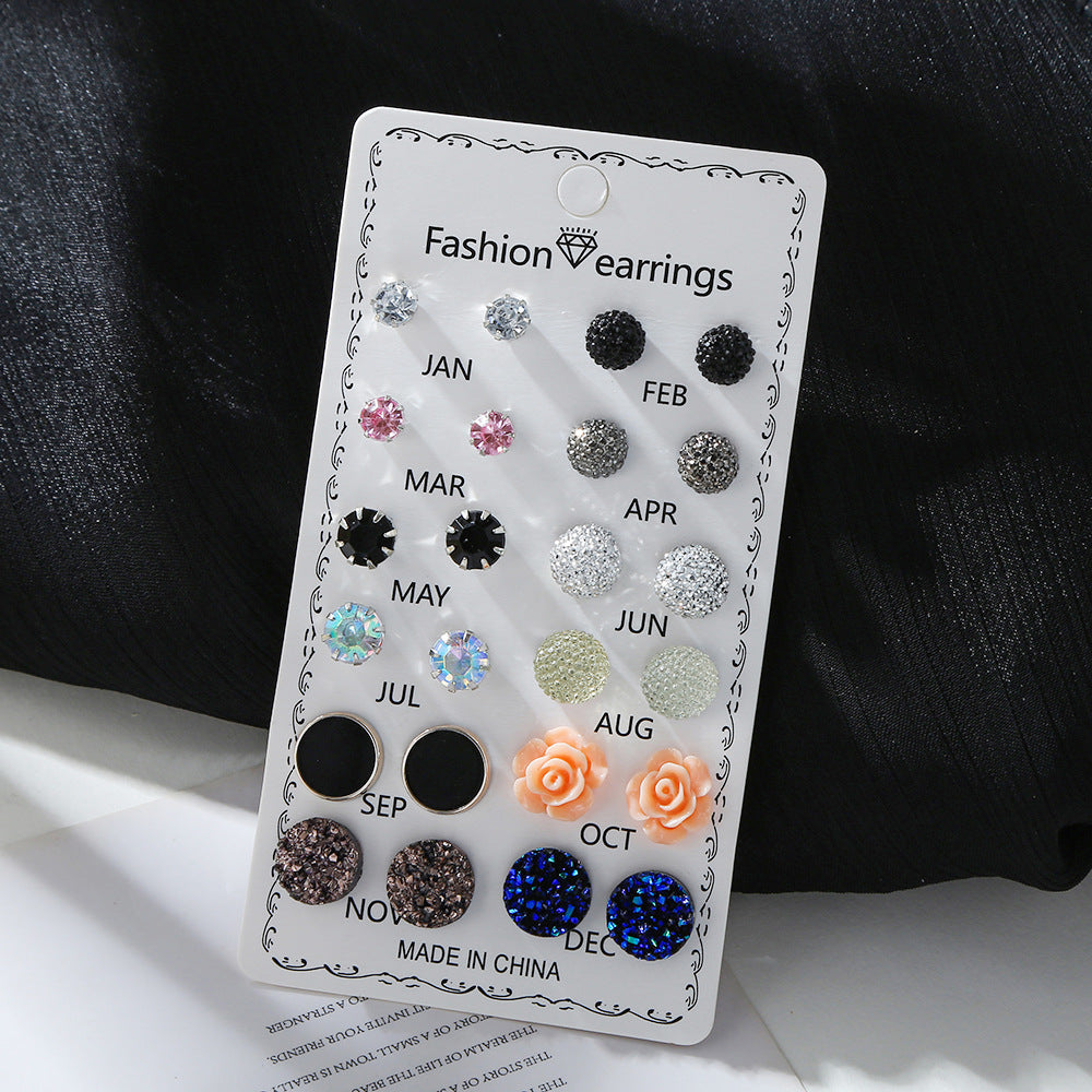 Wholesale 12 Pair Set Large Diamond Small Diamond Pearl Metal Earrings Set