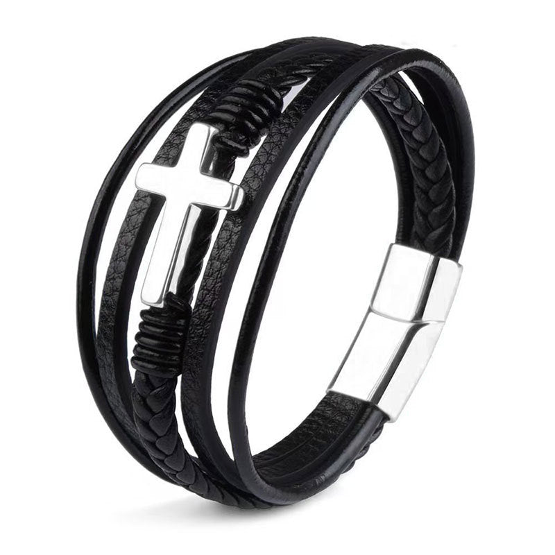 Wholesale Punk Cross Leather Men' s Multi-Layer Braided Bracelet