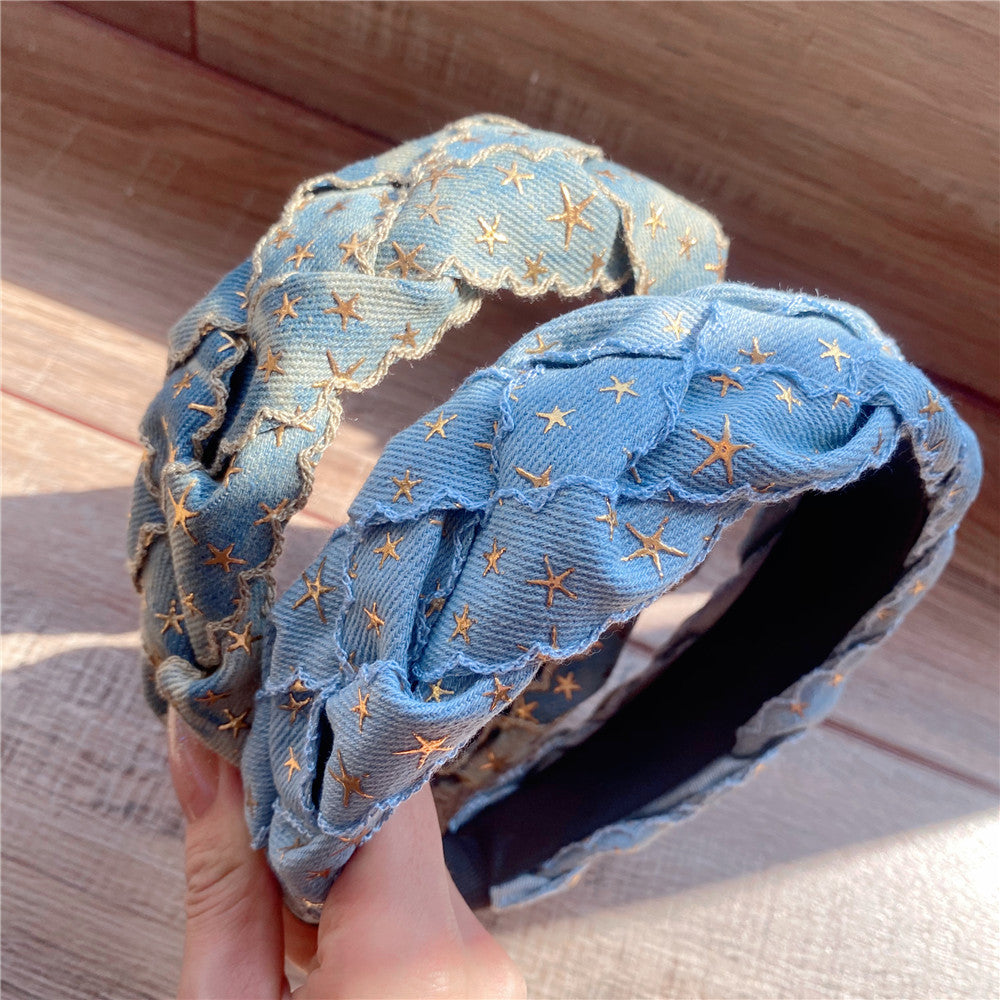 Wholesale Three-dimensional Hot Stamping Five-pointed Star Denim Braided Twist Headband
