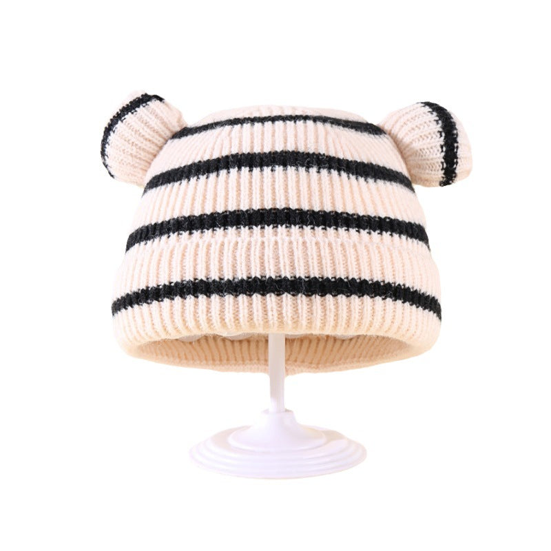 Wholesale Bear Ears Knitted Plush Children's Striped Contrast Color Autumn and Acrylic Winter Hats 10PCS