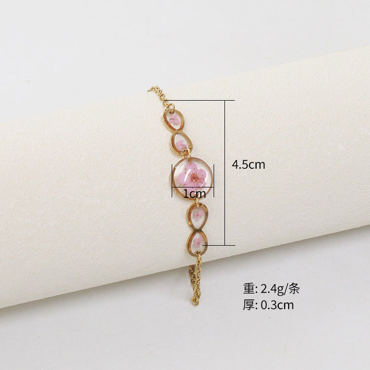 Wholesale 6PCS Gold Plated Dried Flower Transparent Resin Bracelet