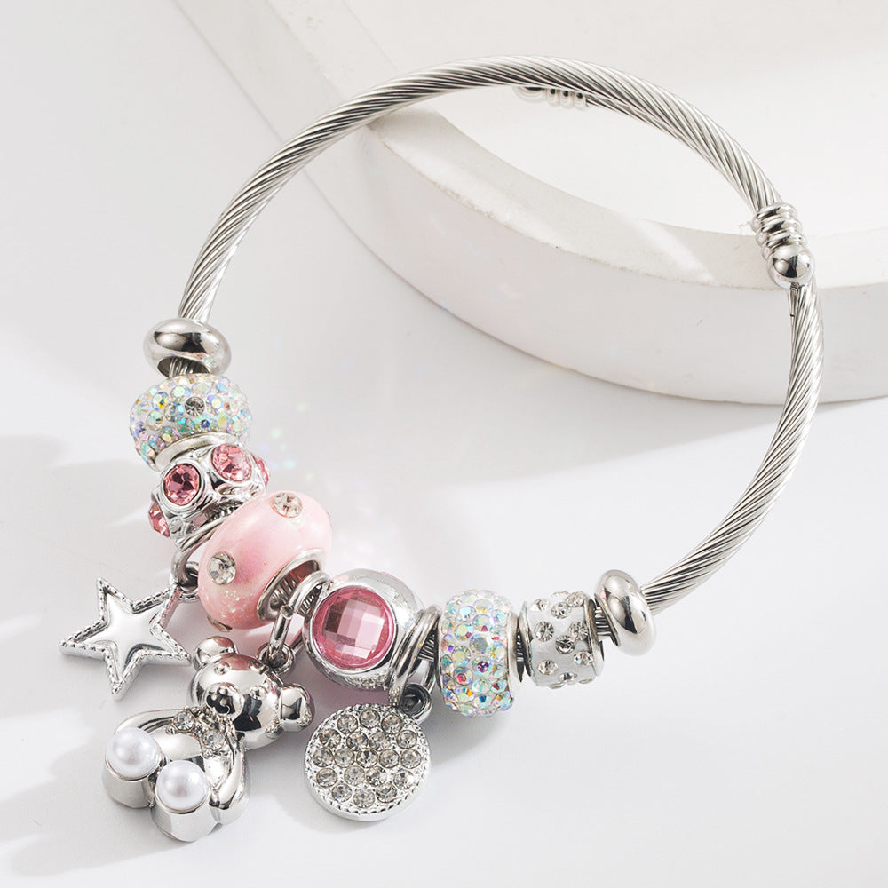 Wholesale  New Style Personalized Creative DIY Bear Star Round Stainless Steel Bracelet Alloy Diamond Adjustable Bracelet