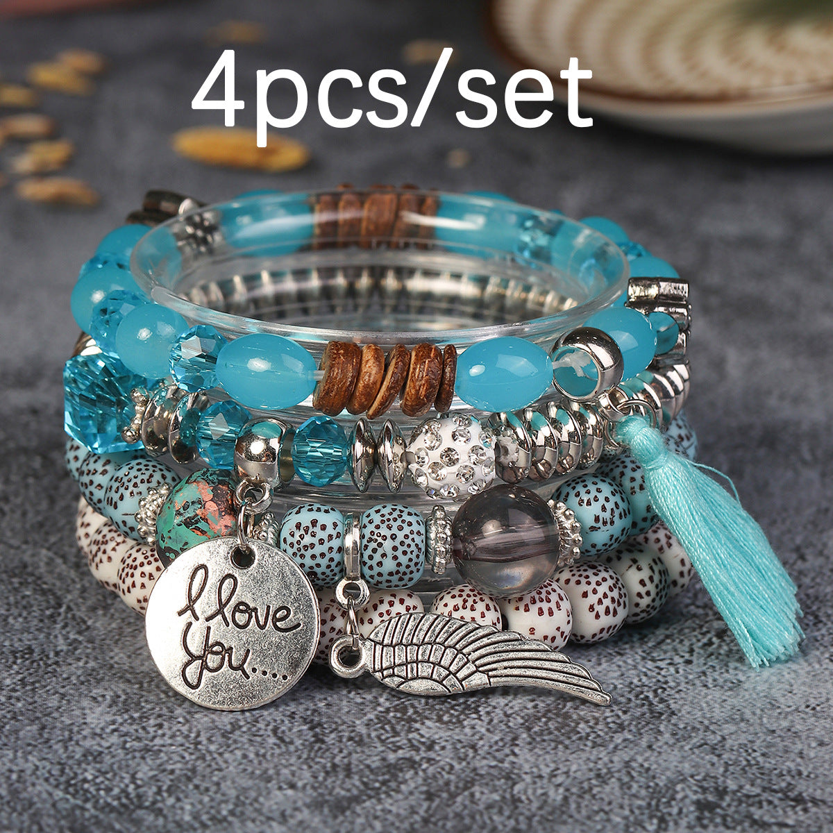 Wholesale I Love You Wings Tassel Glass Elastic Bracelet