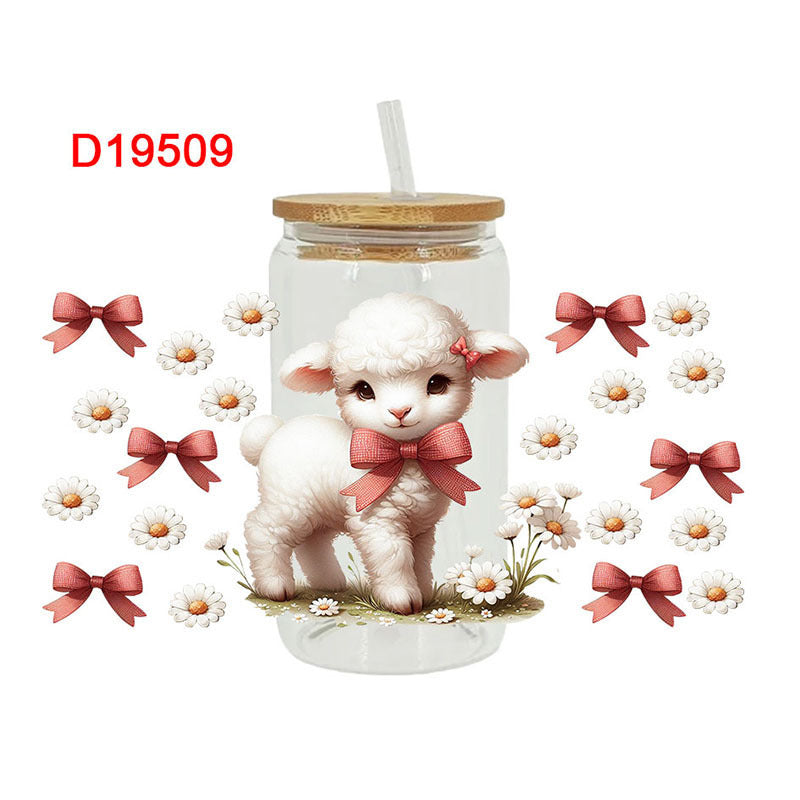 Wholesale Cute flowers lamb  calf 16oz Cup UV DTF Wraps
