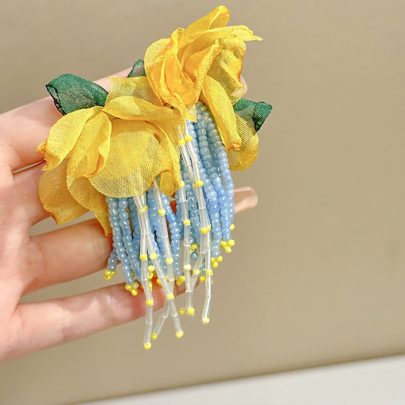 Wholesale Fabric flower super fairy handmade beaded fairy small fresh flower silver needle earrings