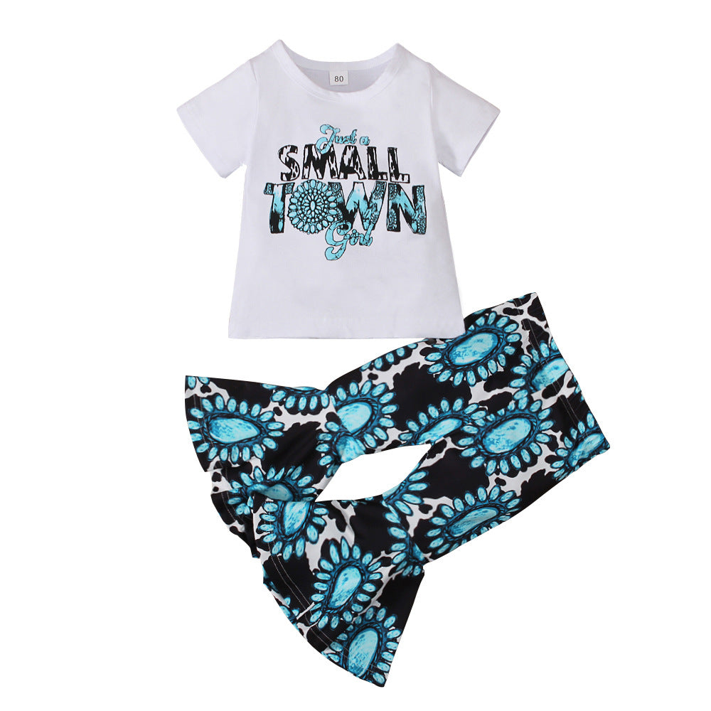Wholesale Children's Western Style Turquoise Printed Short Sleeve Bell Bottoms Two Piece Set