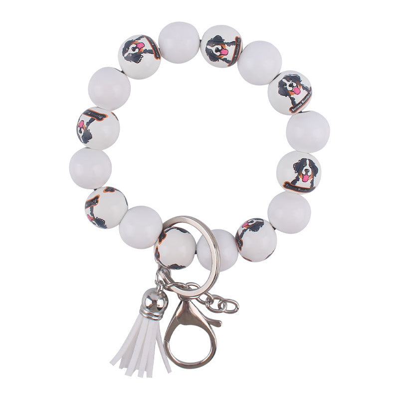 Wholesale Wooden Dog Leather PU Small Tassel DIY Beaded Bracelet Keychains