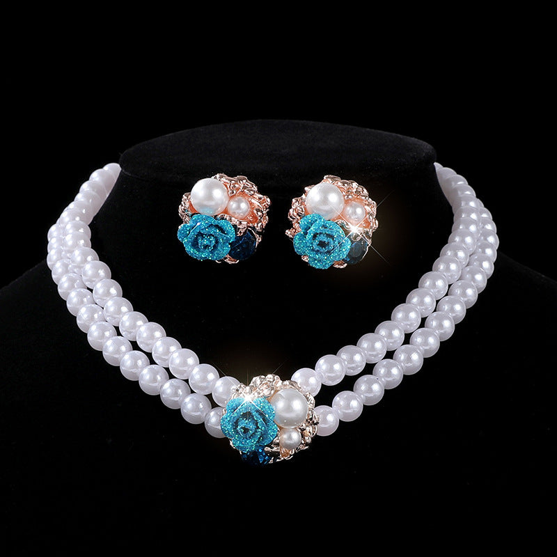 Wholesale Chic Faux Pearl Flower Choker Necklace And Earrings Set For Women Wedding Jewelry Lake Blue