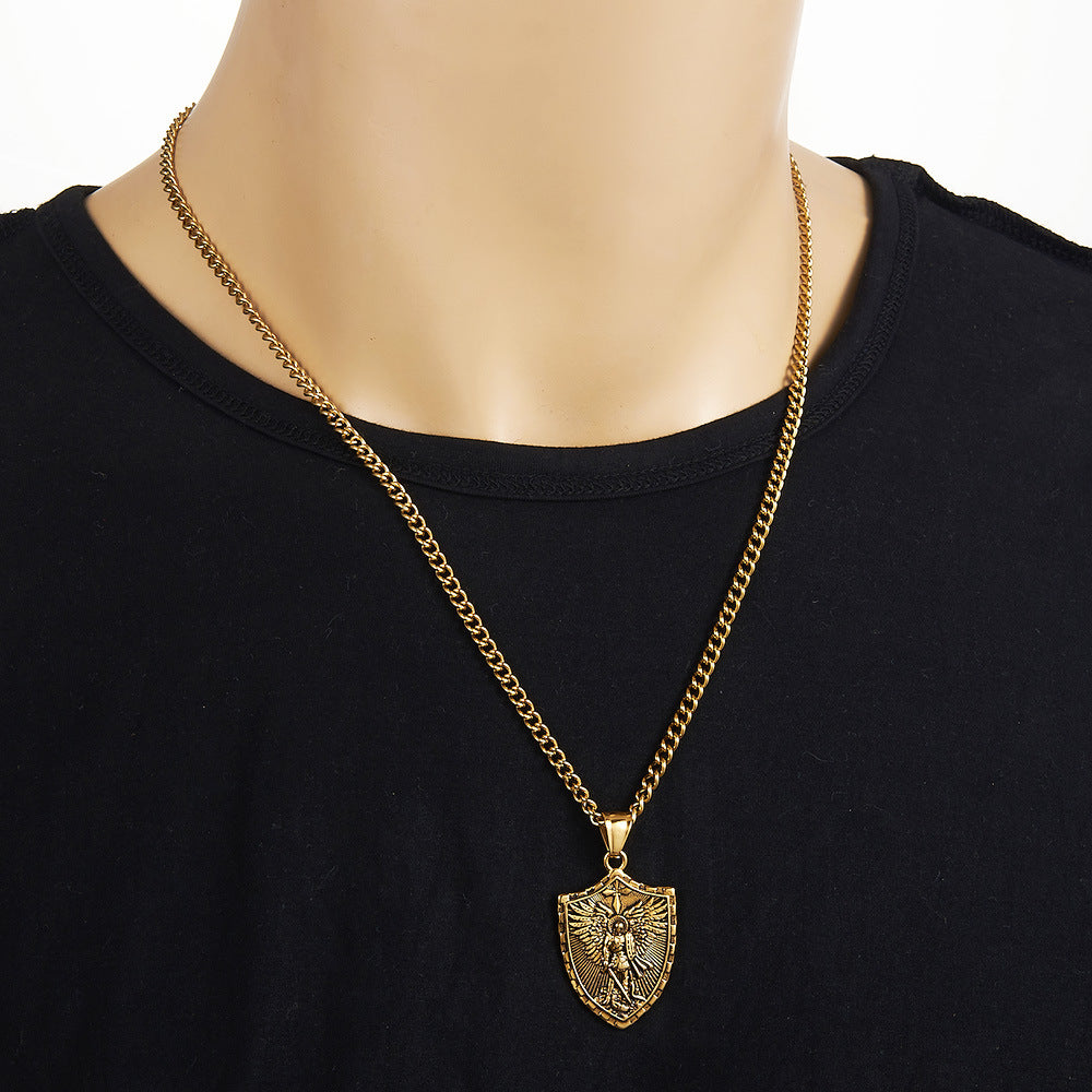 Wholesale Golden Stainless Steel Sword Wielding Warrior Angel Shield Men' s Necklace