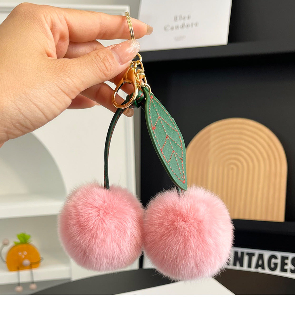 Wholesale Faux fur single leaf cherry plush pendant keychain