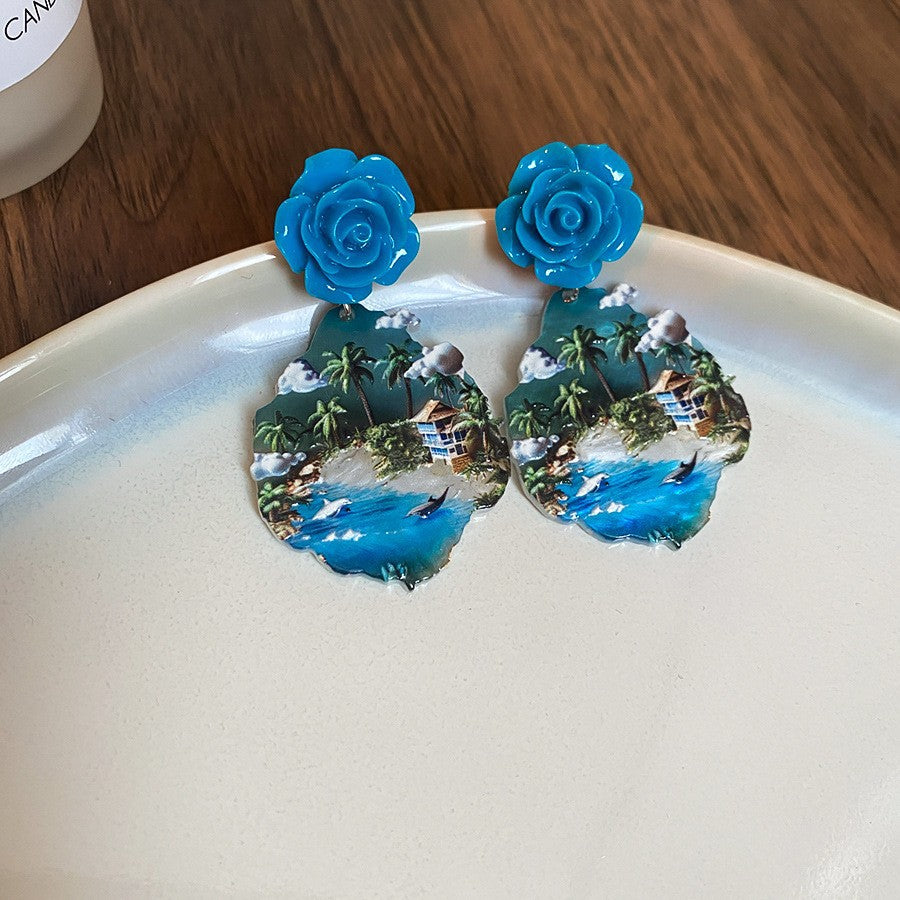 Wholesale Silver Needle French Oil Painting Sunflower Earrings