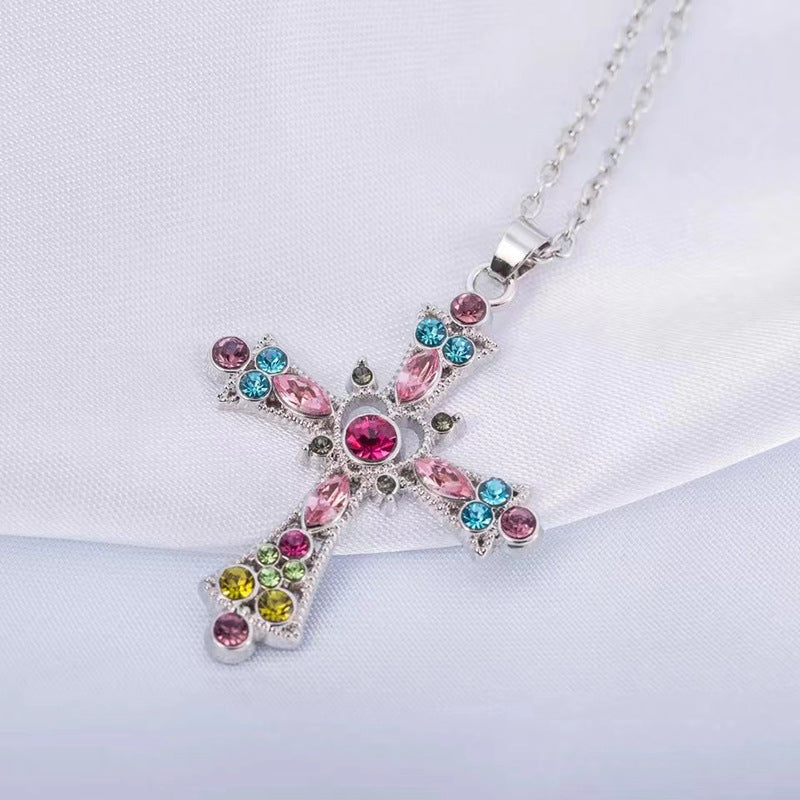 Wholesale Boho Style Crystal Diamond Colorful Cross Collarbone Necklace
