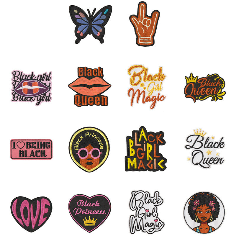 Wholesale Modern Cartoon Black Girl Embroidered Iron On Patches 14 Piece Letter Applique Set For Coat DIY Craft Supply