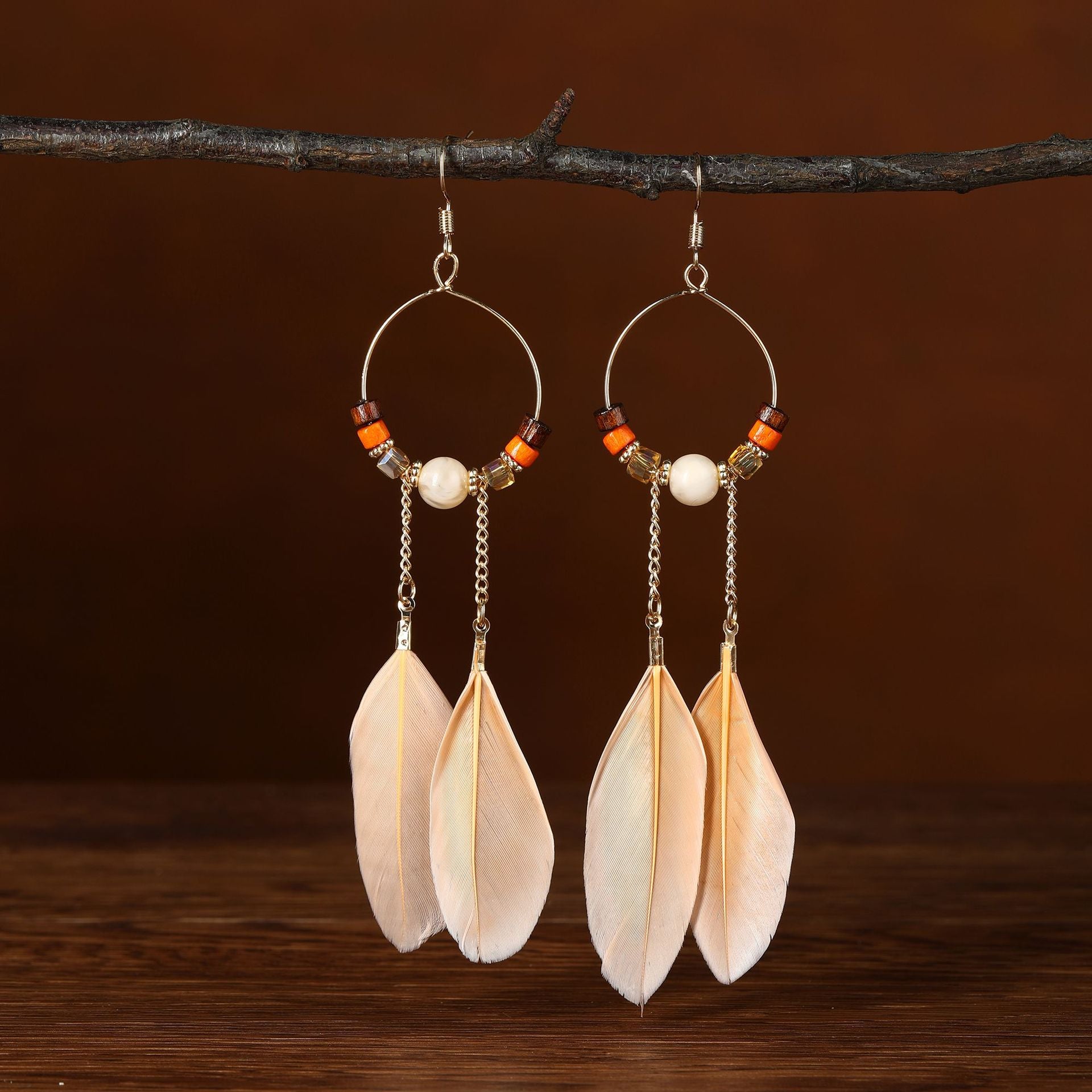 Wholesale Ethnic retro long multi-color holiday feather beaded circle earrings