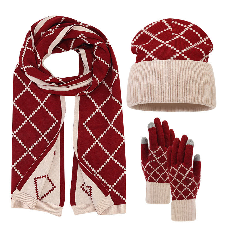 Wholesale Adult Winter Diamond Plaid Beanie Knitted Hat Gloves Scarf Set