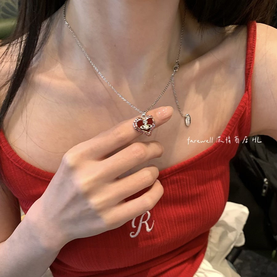Wholesale Red pink heart-shaped Saturn necklace with built-in design
