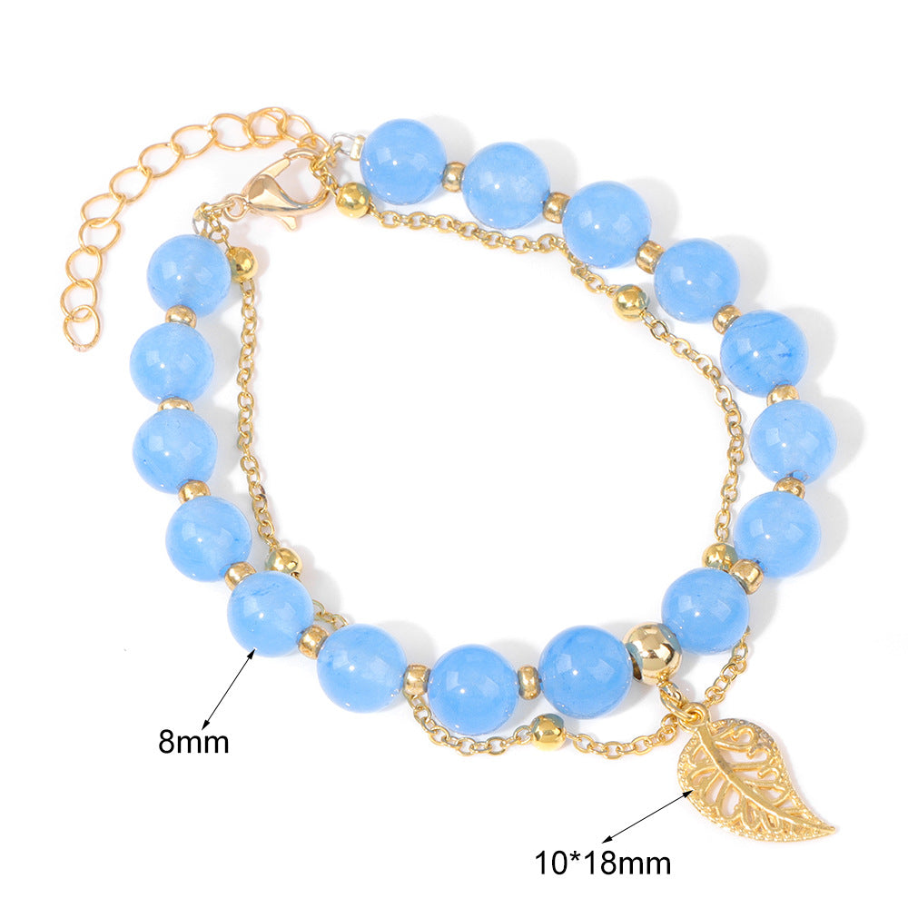 Wholesale Chalcedony Beads Leaves Pendant Alloy Double Layer Regulating Bracelet