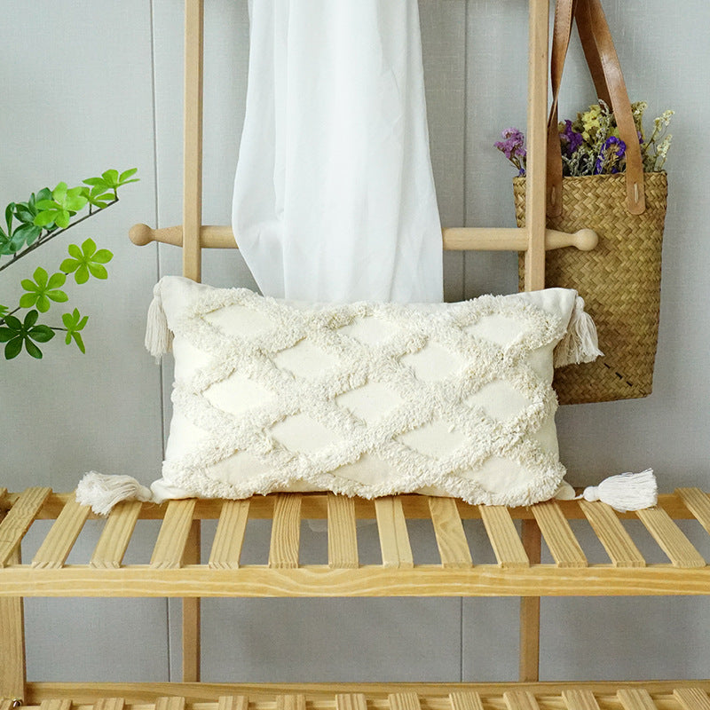 Wholesale Canvas Diamond Bohemian Tufted Fringed Throw Pillow Cover