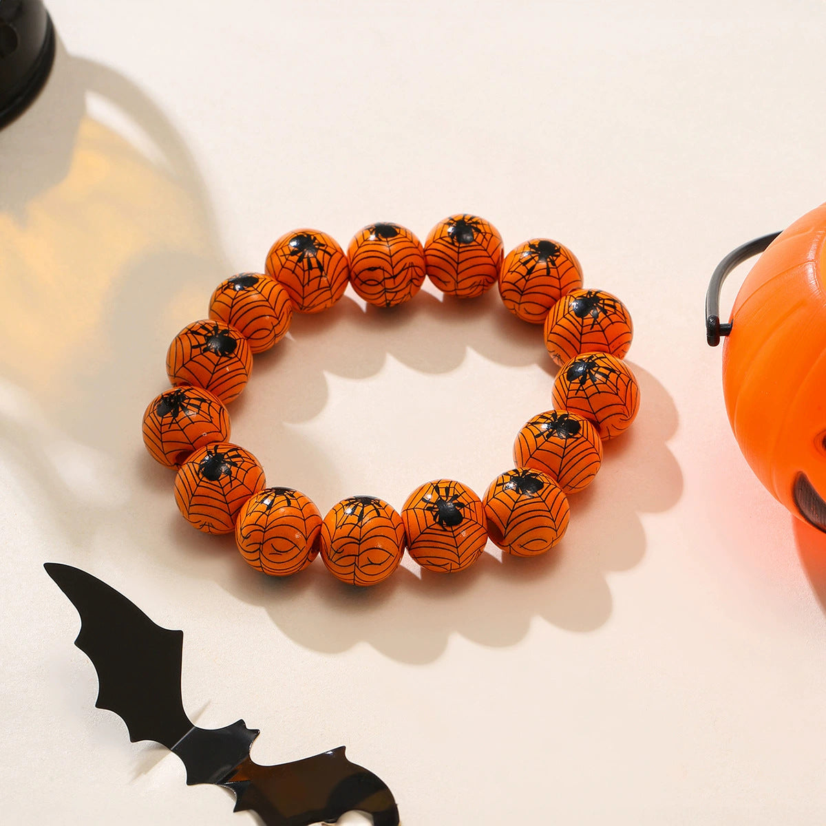 Wholesale Halloween Pumpkin Spider Punk Style Printed Wooden Bead Bracelet
