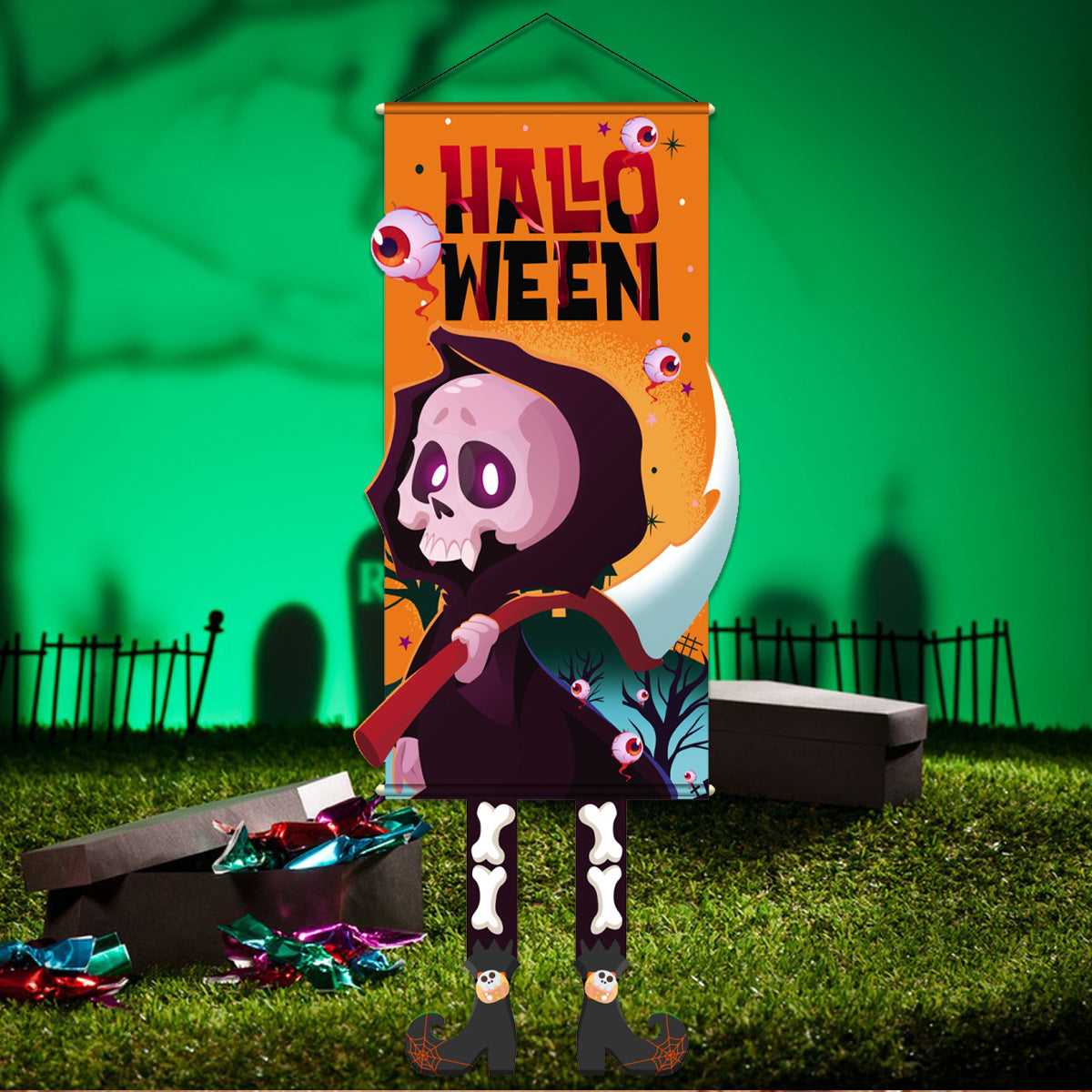 Wholesale Halloween Long Legs Dangling Elf White Ghost Hanging Flag Garden Non-woven Outdoor Banner