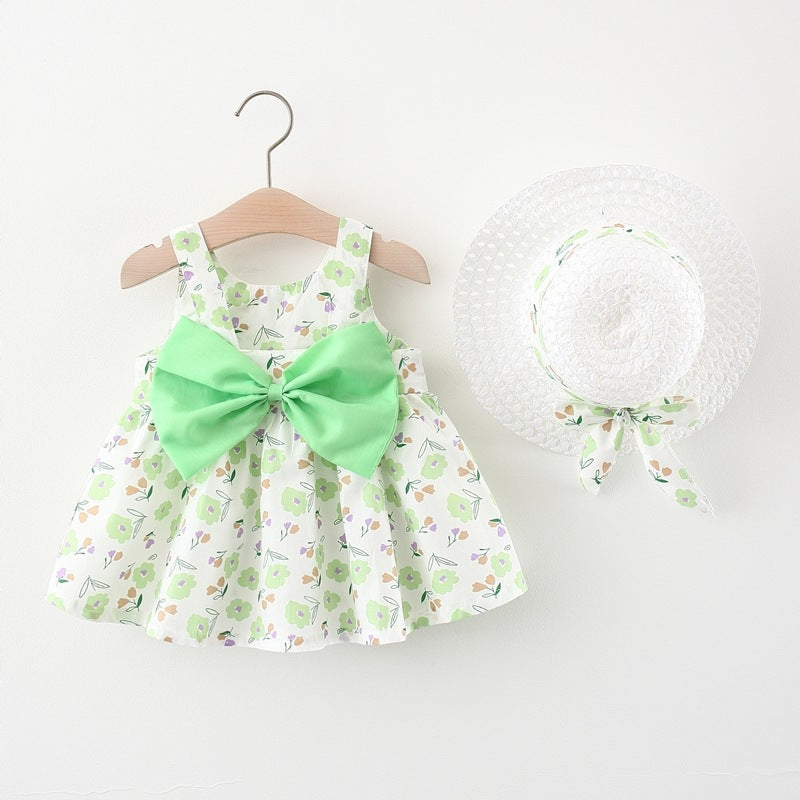 Wholesale Sweet Summer Cotton Baby Girl Dress With Big Bow And Floral Print Matching Straw Hat Included Party Gift For Toddlers