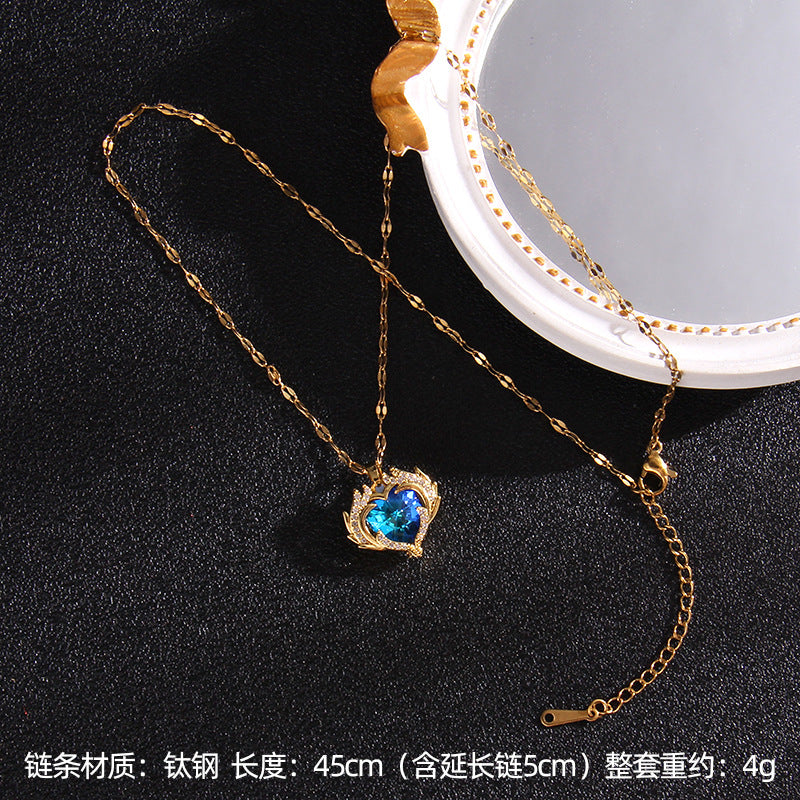 Wholesale Colored Crystal Peach Heart Titanium Steel Jewelry Necklace