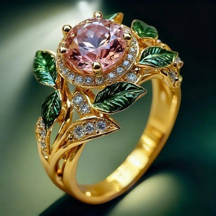Wholesale  Bright Pink Zircon Green Leaf Oil Drop Flower Plant Alloy Ring