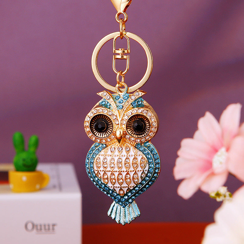 Wholesale Pink Rhinestone Owl Car Keychain Metal Key Ring Bag Charm Fashion Accessory Gift