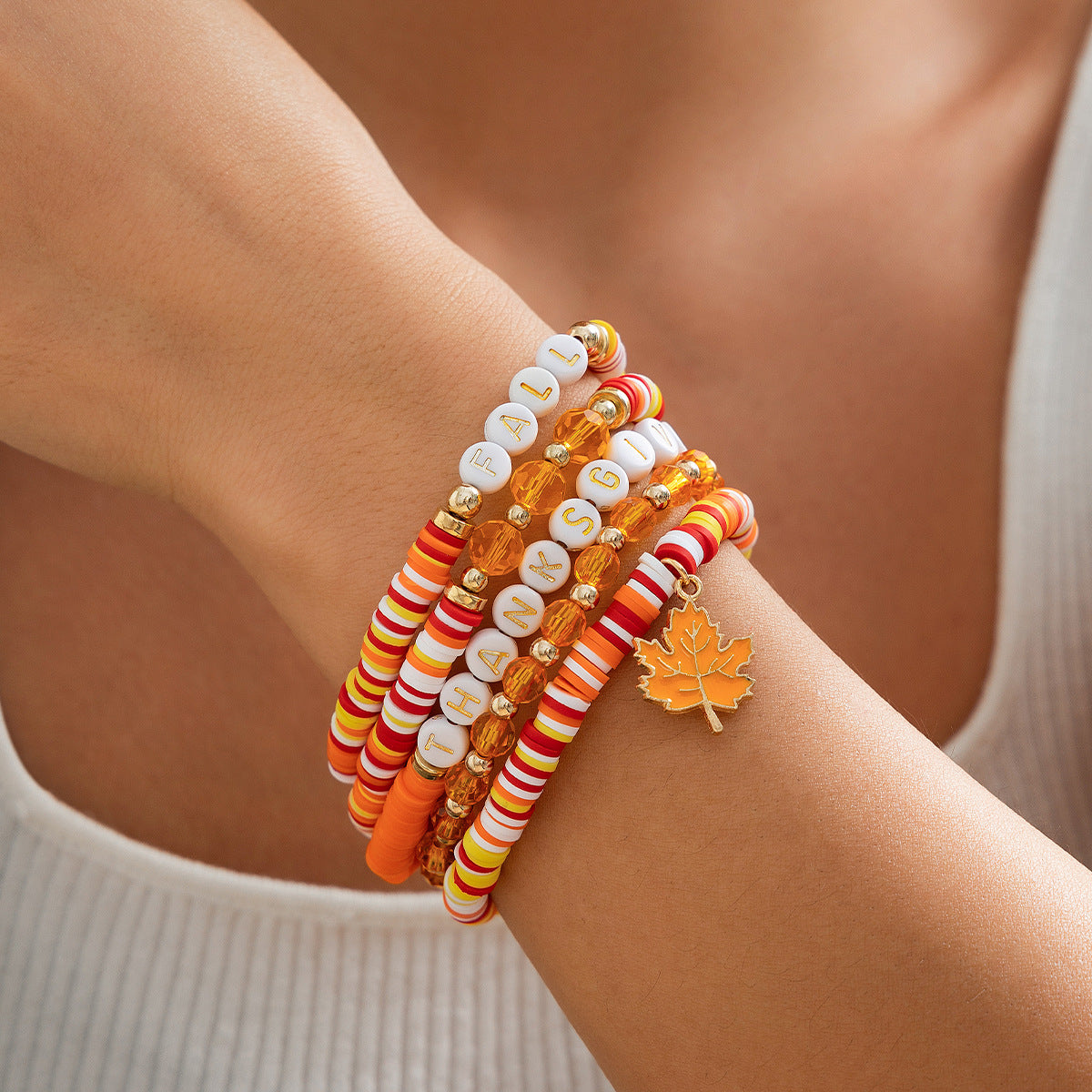 Wholesale Thanksgiving Maple Leaf Acrylic Clay Beaded Bracelet Set