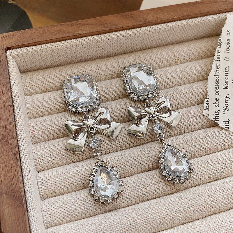 Wholesale exaggerated long tassel full diamond bow square earrings