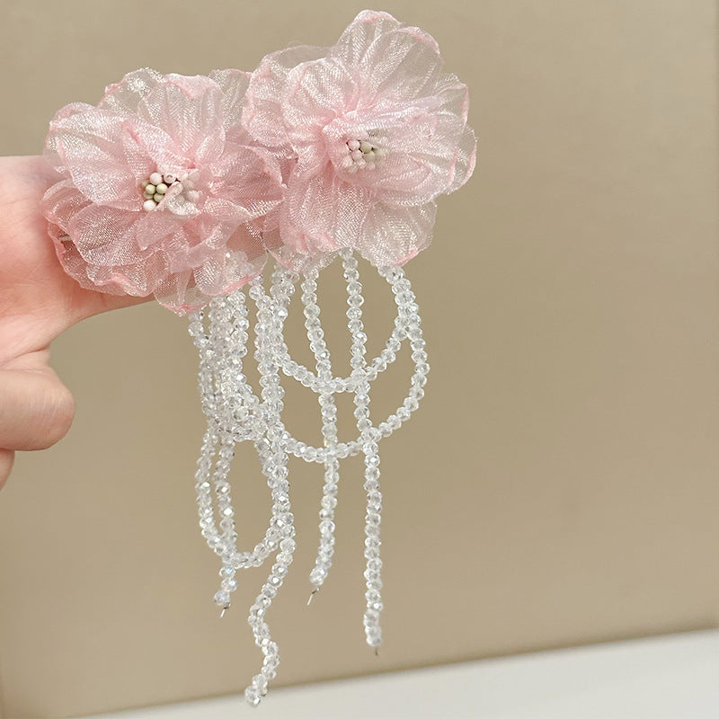 Wholesale Fabric flower super fairy handmade beaded fairy small fresh flower silver needle earrings