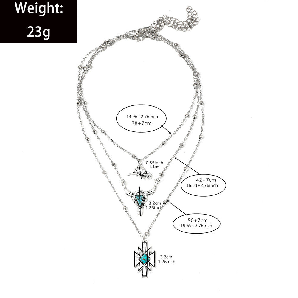 Wholesale Western style denim hat blue turquoise bull head necklace set