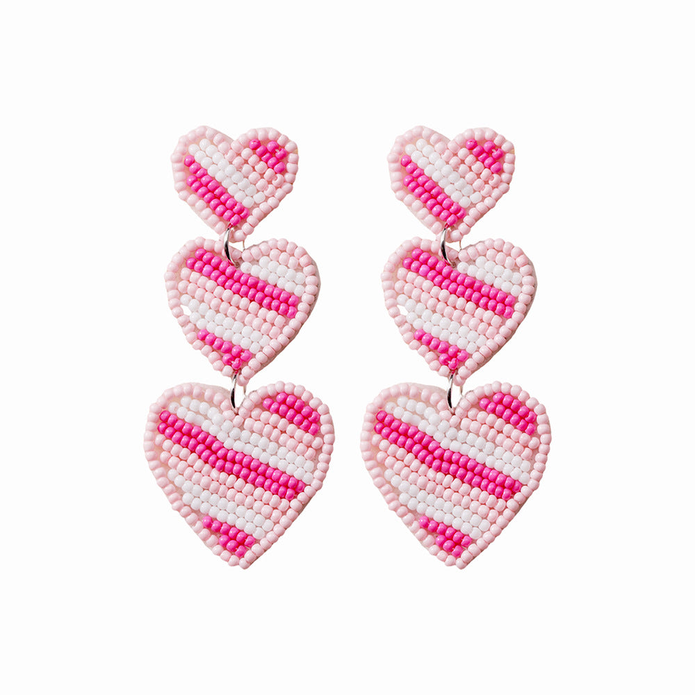 Wholesale Creative Love Pink Striped Hand-woven Rice Beads Multi-layer Earrings