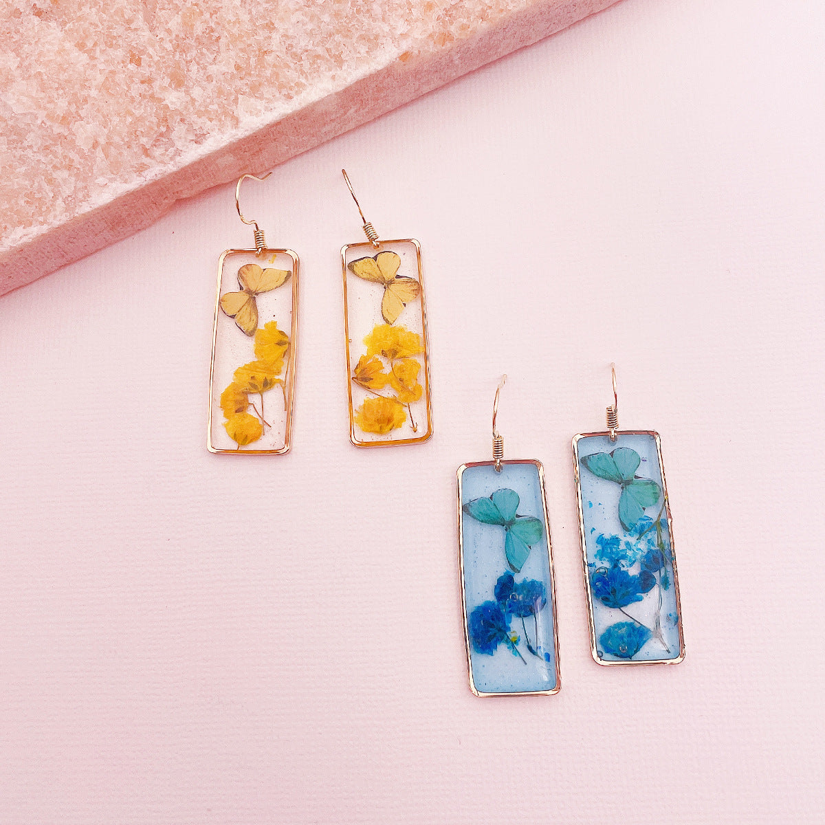 Wholesale Butterfly Drop Glue Preserved Flower Rectangular Earrings