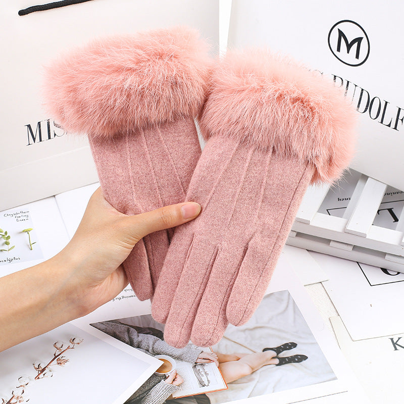 Wholesale wool plus fluffy mouth touch screen women's autumn and winter warm fashion cycling windproof gloves