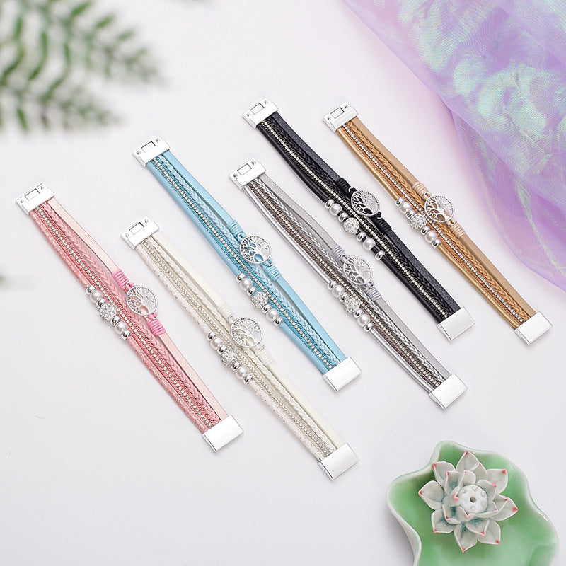 Wholesale Ethnic style imitation pearl diamond ball magnetic clasp woven bracelet