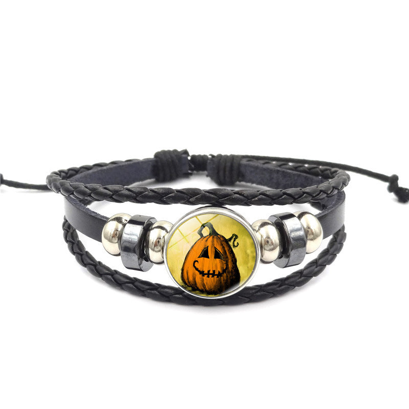 Wholesale Halloween Pumpkin Time Stone Leather Beaded Alloy Bracelet
