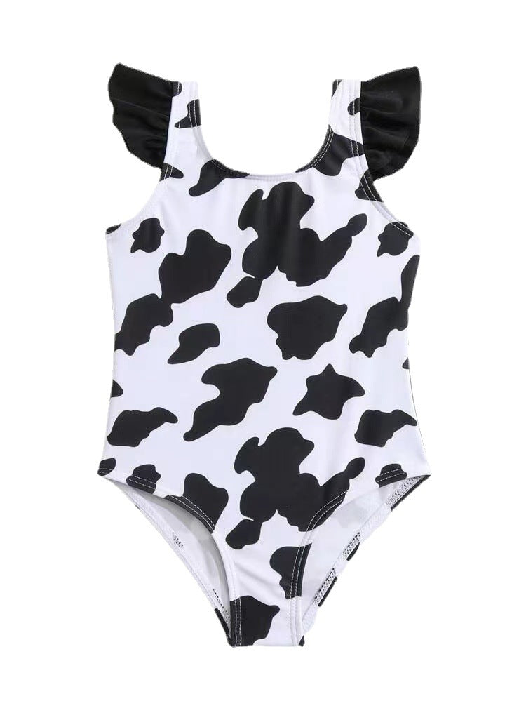 Wholesale Baby Girls Ruffles Dairy Cow Black and White Printed Bow One Piece Swimwear