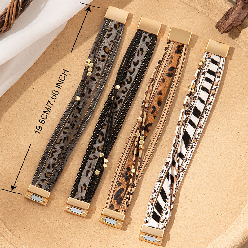 Wholesale Leopard print fur magnetic buckle Layered Bracelet Set