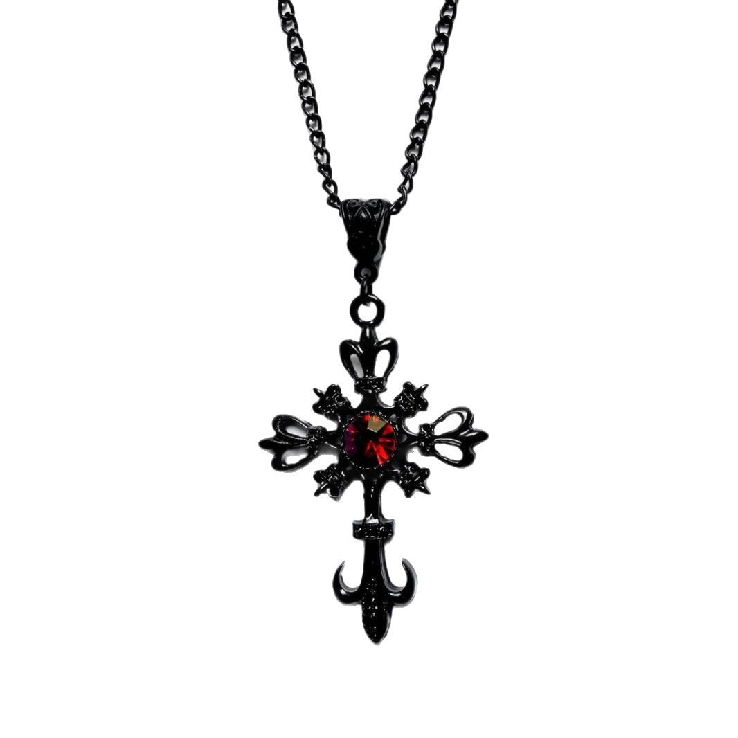 Wholesale Gothic Vintage Ruby Black Cross Necklace
