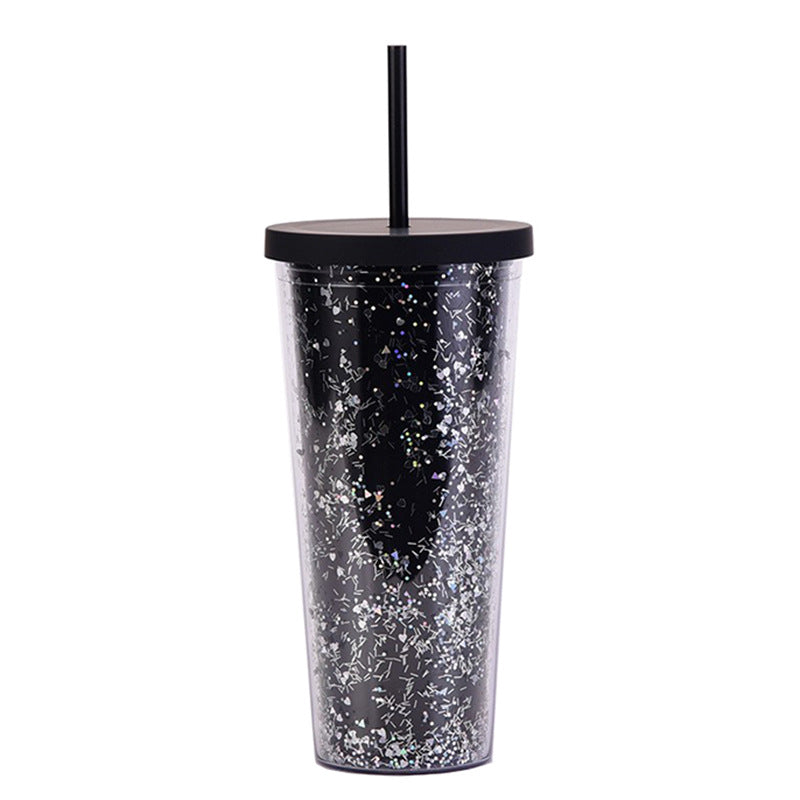 Wholesale  24OZ Double Layer Plastic Cup Sequins Glitter Creative Water Cup with Straw