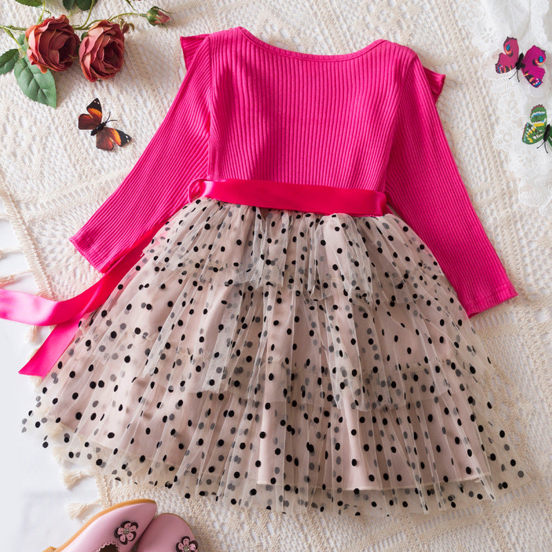 Wholesale Autumn and Winter Long Sleeved Bow Polka Dot Mesh Baby Clothes
