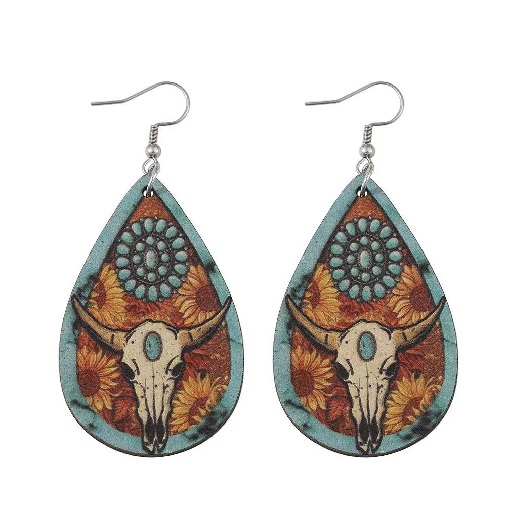 Wholesale Bull head print teardrop earrings