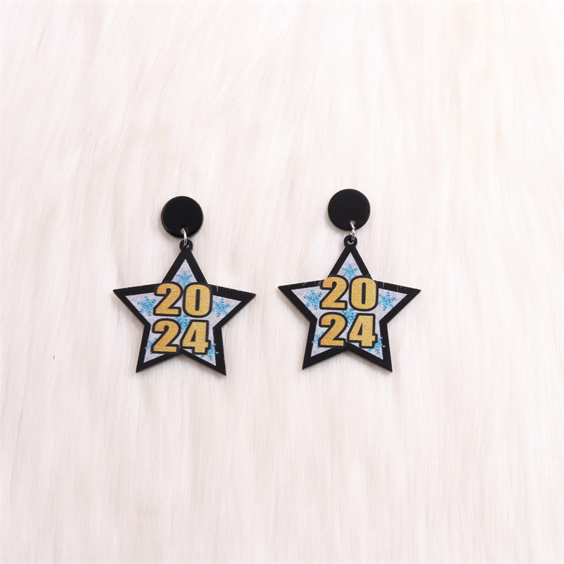 Wholesale 2024 New Year Five-Pointed Star Wine Glass Snowflake Acrylic Earrings