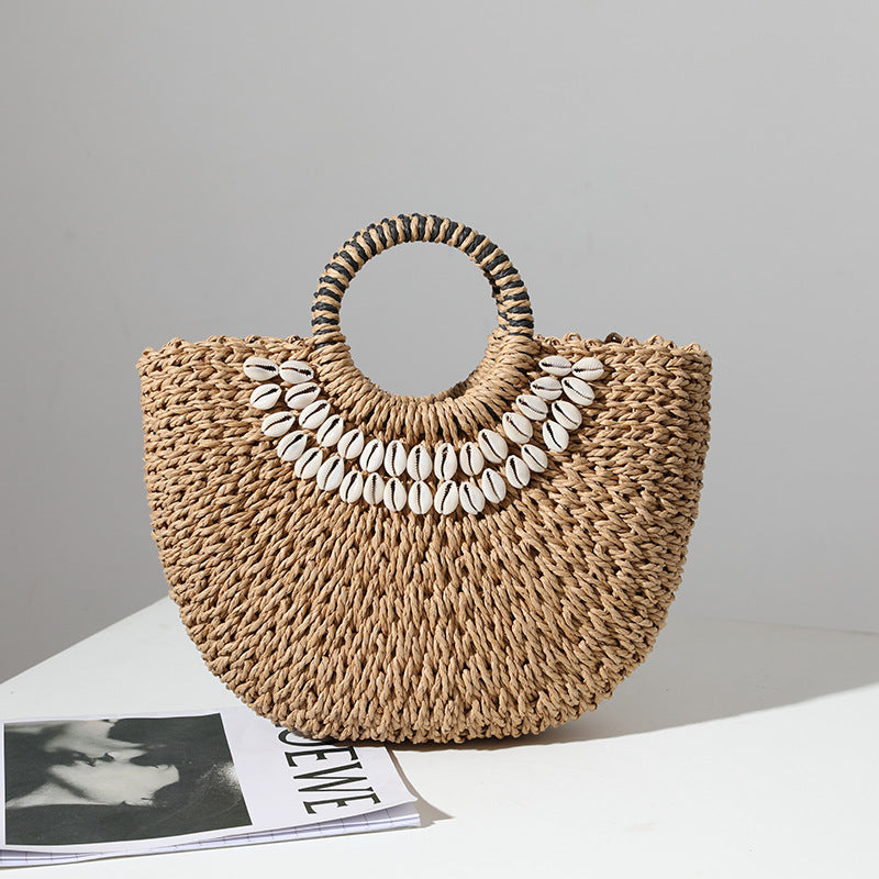 Wholesale Handmade Straw Woven Bags in The Shape of Semi-circular Shells