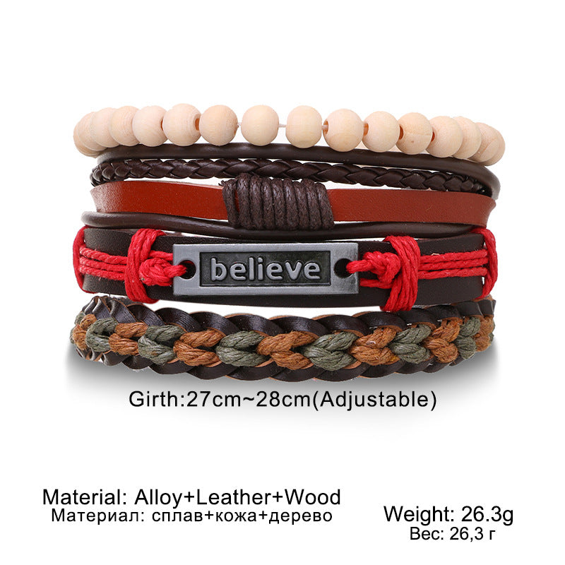 Wholesale Vintage Multi-layered Adjustable Leather Beaded Bracelet for Men