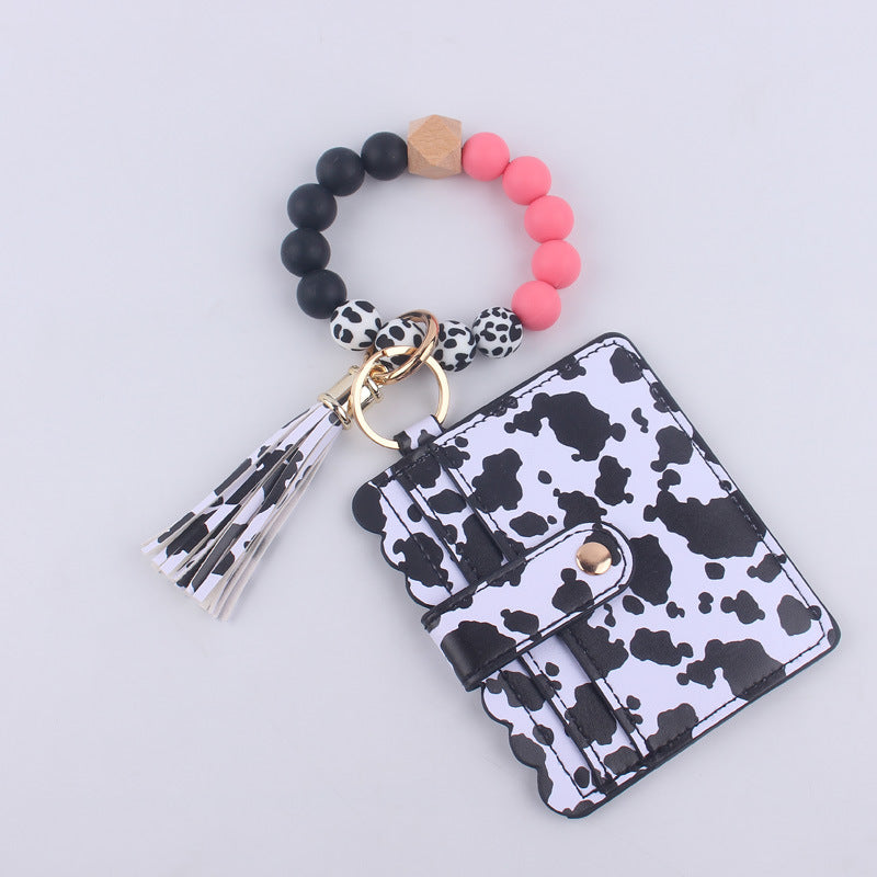 Wholesale Cartoon Cow Print Card Holder Wrist PU Keychain