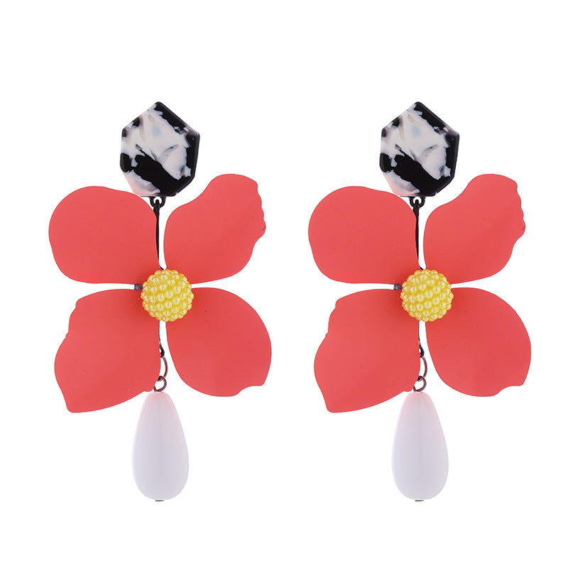 Wholesale Exaggerated Long Multi-layered Flower Alloy Painted Drop-shaped Pearl Earrings