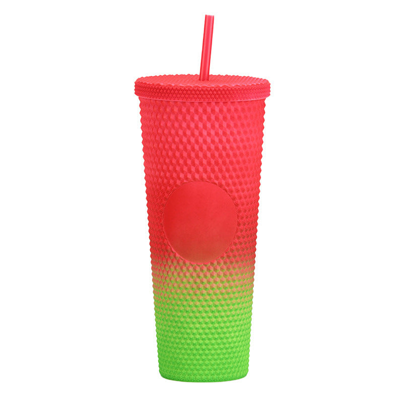 Wholesale Double-layer Plastic 710ml Durian Prick Hand Luminous Color Changing Rainbow Gradient Straw Cup